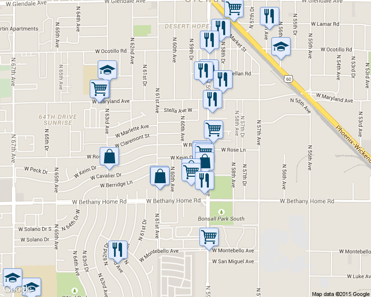 map of restaurants, bars, coffee shops, grocery stores, and more near 5947 West Rose Lane in Glendale