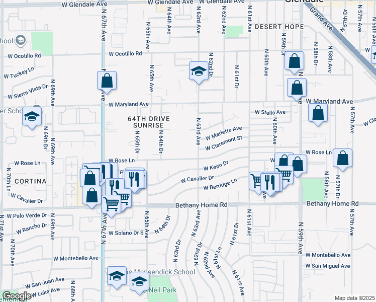 map of restaurants, bars, coffee shops, grocery stores, and more near 6238 North 63rd Avenue in Glendale