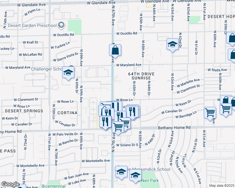 map of restaurants, bars, coffee shops, grocery stores, and more near 6231 North 67th Avenue in Glendale