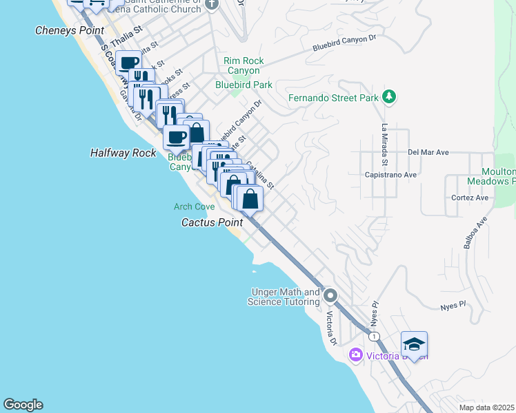 map of restaurants, bars, coffee shops, grocery stores, and more near 260 Diamond Street in Laguna Beach