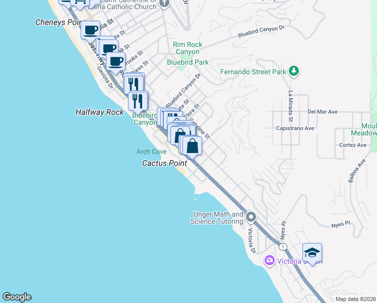 map of restaurants, bars, coffee shops, grocery stores, and more near 260 Diamond Street in Laguna Beach