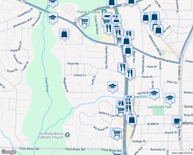 map of restaurants, bars, coffee shops, grocery stores, and more near 8298 Holly Drive in Jonesboro