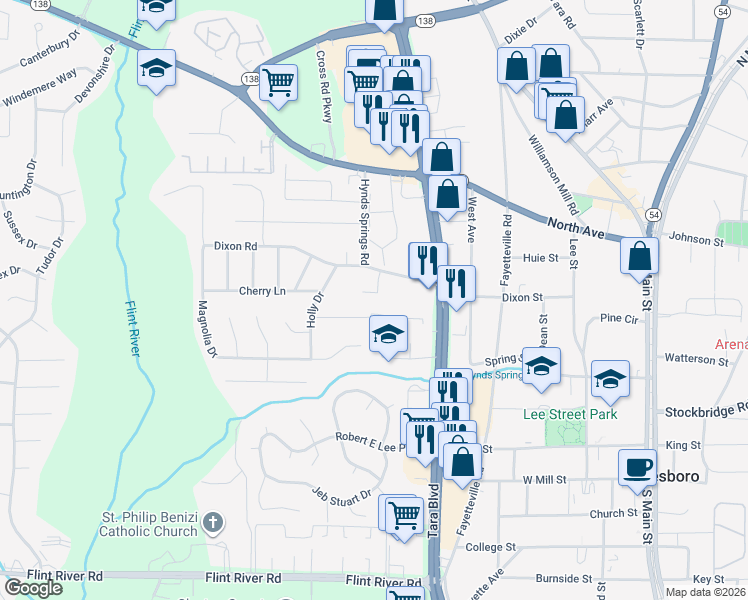 map of restaurants, bars, coffee shops, grocery stores, and more near 8284 Parkwood Place in Jonesboro
