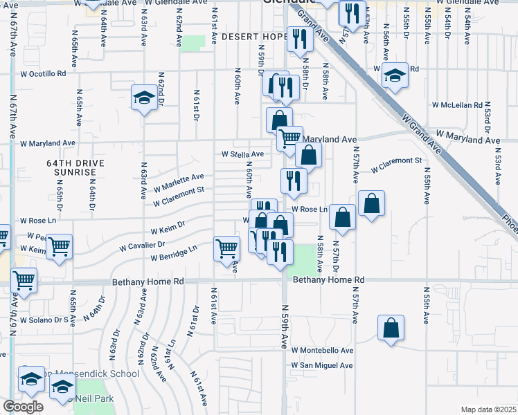 map of restaurants, bars, coffee shops, grocery stores, and more near 5939 West Rose Lane in Glendale