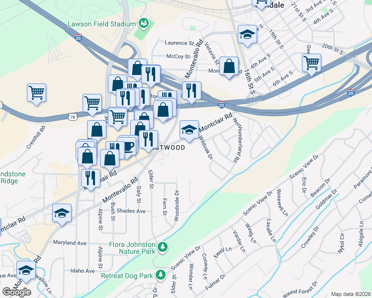 map of restaurants, bars, coffee shops, grocery stores, and more near 1757 Montclair Road in Irondale