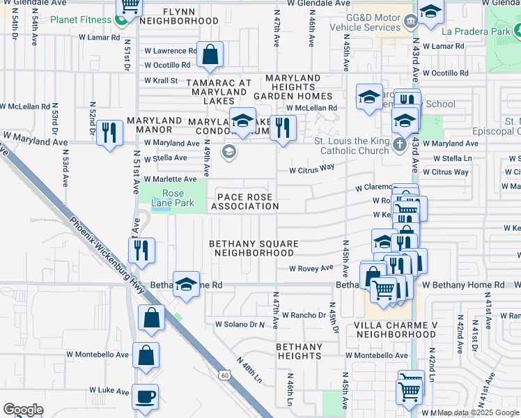 map of restaurants, bars, coffee shops, grocery stores, and more near 4720 West Rose Lane in Glendale
