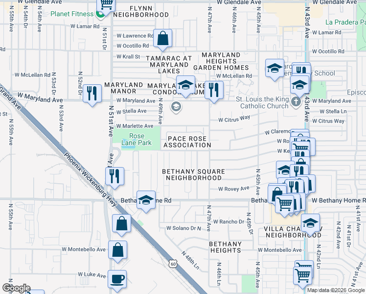 map of restaurants, bars, coffee shops, grocery stores, and more near 4824 West Rose Lane in Glendale