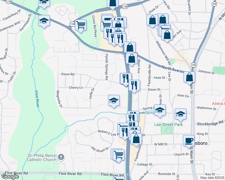 map of restaurants, bars, coffee shops, grocery stores, and more near 8284 Parkwood Place in Jonesboro