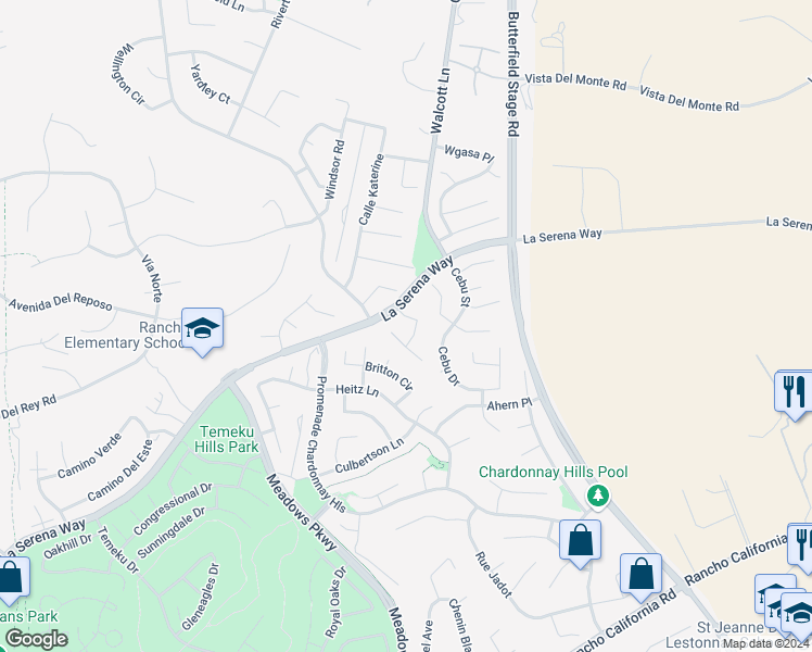 map of restaurants, bars, coffee shops, grocery stores, and more near 31789 Poole Court in Temecula