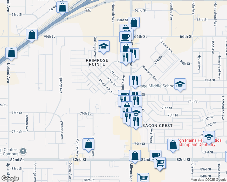 map of restaurants, bars, coffee shops, grocery stores, and more near 7305 Pontiac Avenue in Lubbock