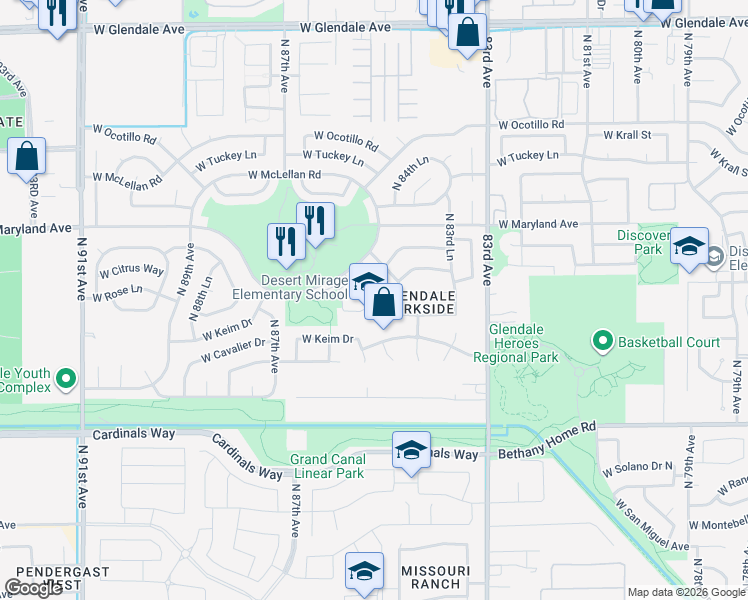 map of restaurants, bars, coffee shops, grocery stores, and more near 8605 West Maryland Avenue in Glendale