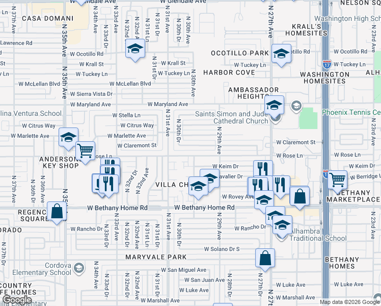 map of restaurants, bars, coffee shops, grocery stores, and more near 2933 West Claremont Street in Phoenix
