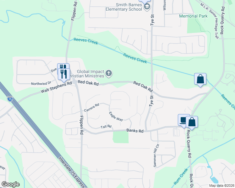 map of restaurants, bars, coffee shops, grocery stores, and more near 149 Eagle Way in Stockbridge