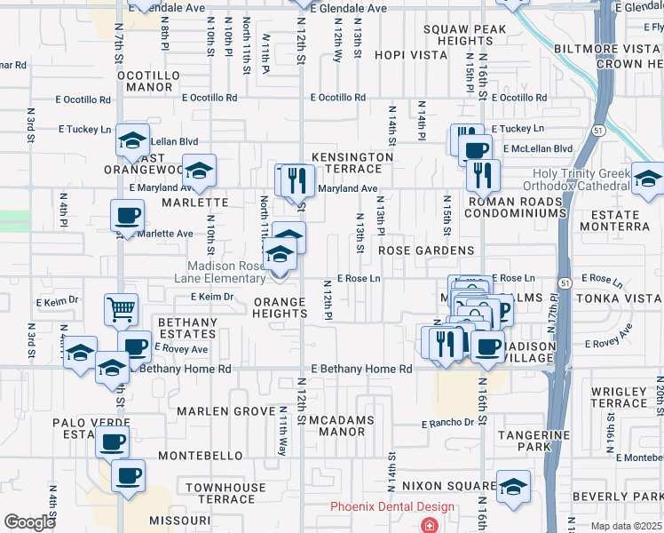 map of restaurants, bars, coffee shops, grocery stores, and more near 6212 North 12th Place in Phoenix