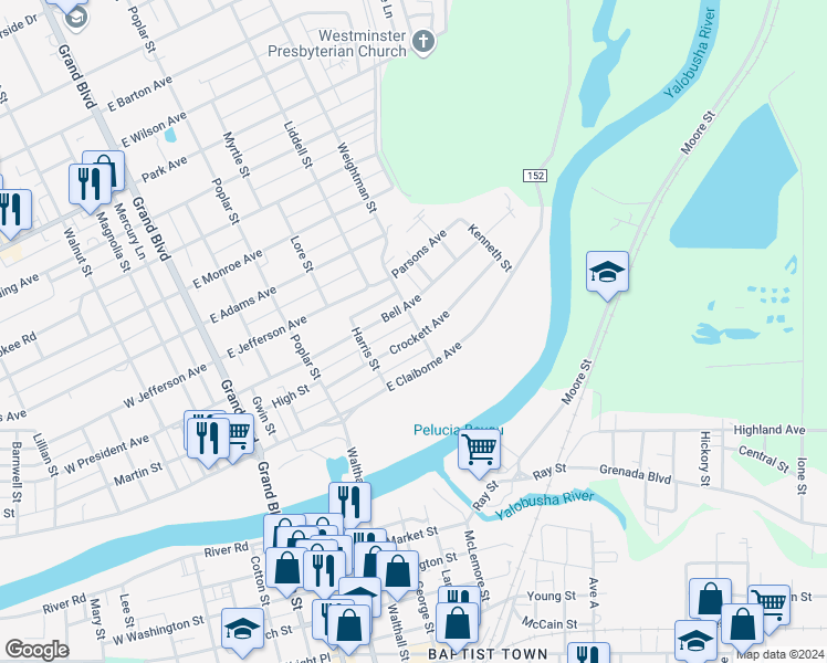 map of restaurants, bars, coffee shops, grocery stores, and more near 521 Crockett Avenue in Greenwood