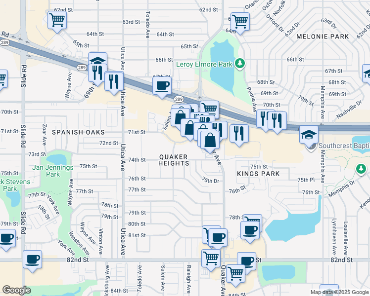 map of restaurants, bars, coffee shops, grocery stores, and more near 4415 71st Street in Lubbock