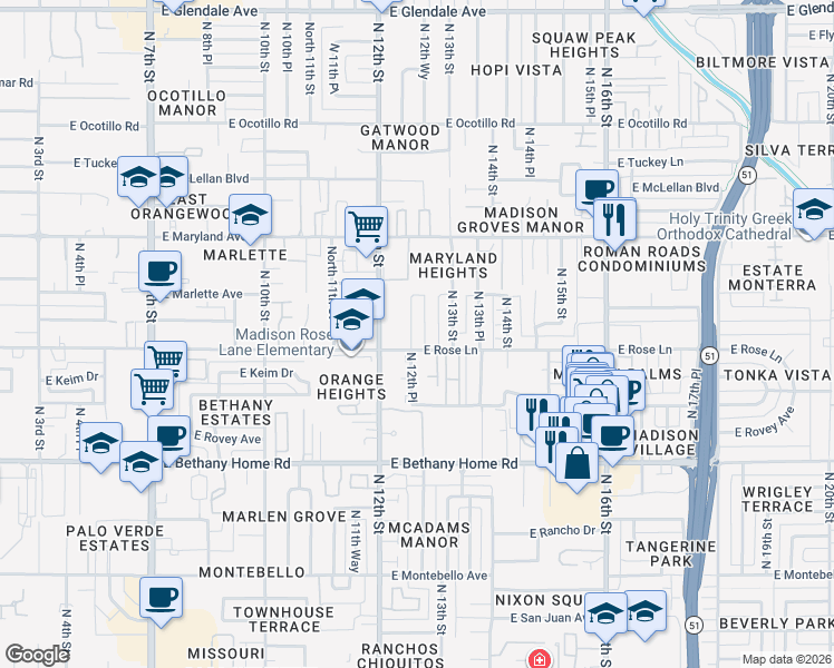 map of restaurants, bars, coffee shops, grocery stores, and more near 6212 North 12th Place in Phoenix