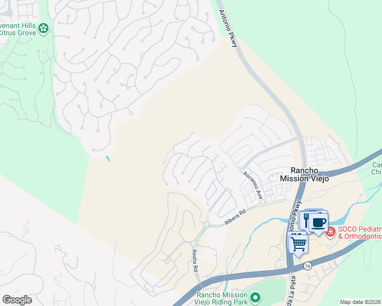 map of restaurants, bars, coffee shops, grocery stores, and more near 16 Garza Court in Ladera Ranch
