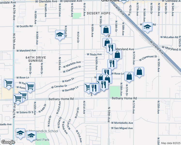 map of restaurants, bars, coffee shops, grocery stores, and more near 6023 West Rose Lane in Glendale