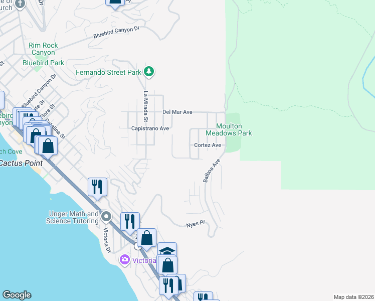 map of restaurants, bars, coffee shops, grocery stores, and more near 865 Quivera Street in Laguna Beach
