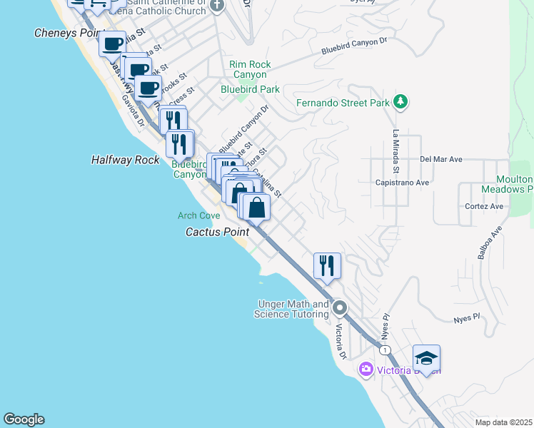 map of restaurants, bars, coffee shops, grocery stores, and more near 2072 Glenneyre Street in Laguna Beach