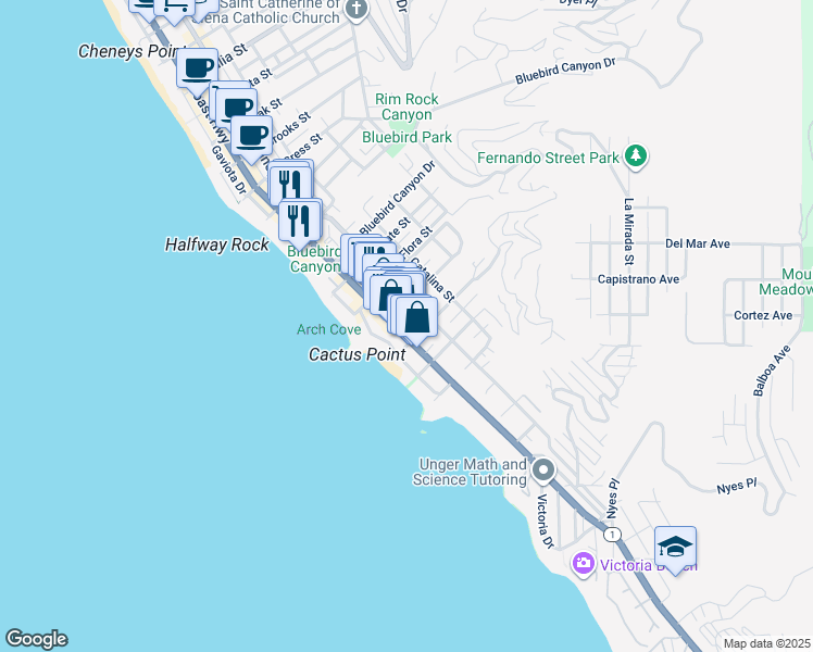 map of restaurants, bars, coffee shops, grocery stores, and more near 260 Diamond Street in Laguna Beach