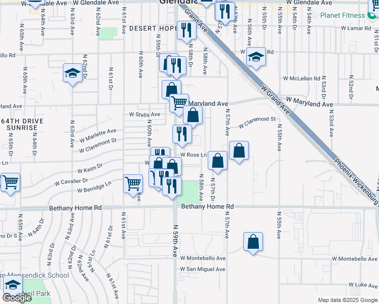 map of restaurants, bars, coffee shops, grocery stores, and more near 5828A West Rose Lane in Glendale