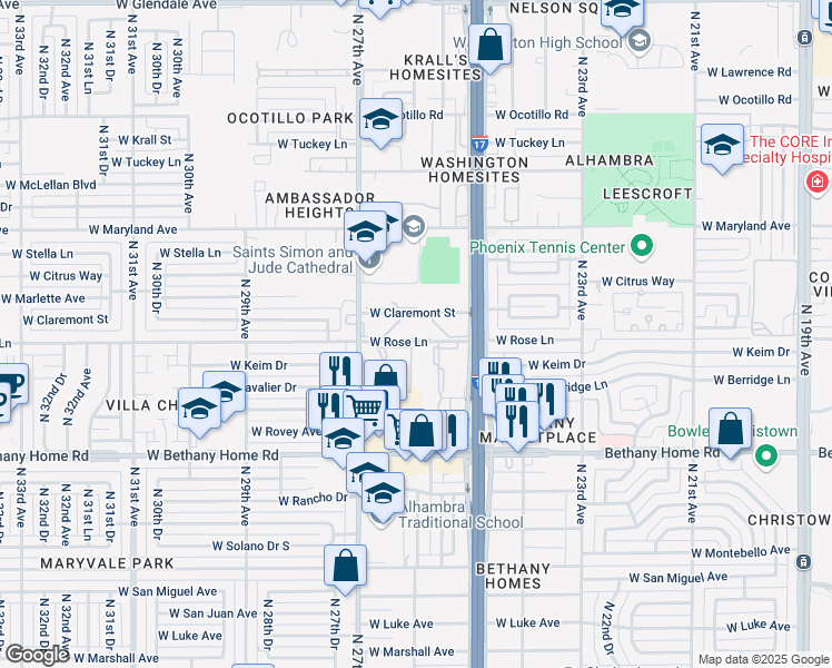 map of restaurants, bars, coffee shops, grocery stores, and more near 104 West Rose Lane in Phoenix