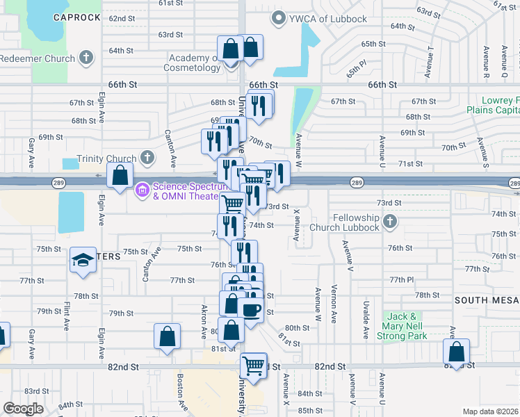 map of restaurants, bars, coffee shops, grocery stores, and more near 7301 University Avenue in Lubbock