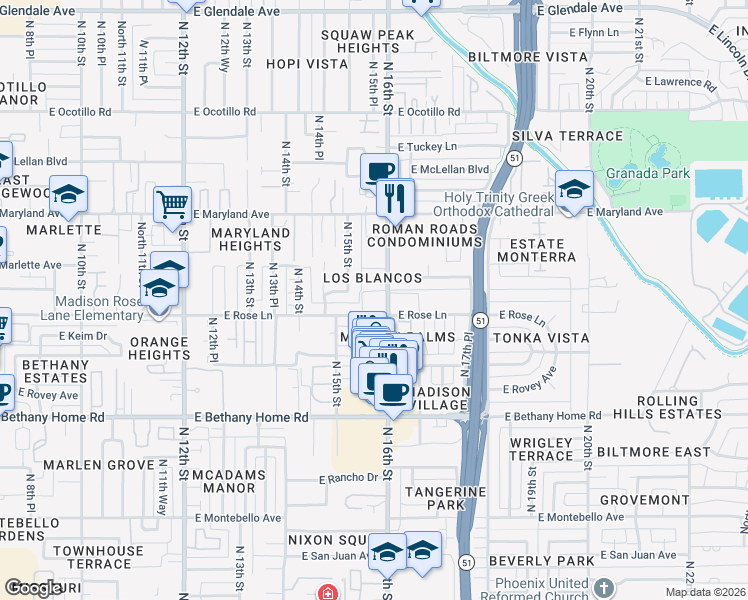 map of restaurants, bars, coffee shops, grocery stores, and more near 6202 North 16th Street in Phoenix