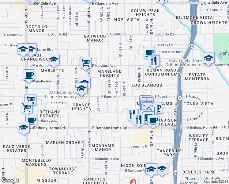 map of restaurants, bars, coffee shops, grocery stores, and more near 6215 North 13th Street in Phoenix