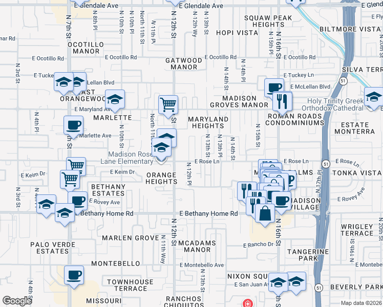 map of restaurants, bars, coffee shops, grocery stores, and more near 6212 North 12th Place in Phoenix