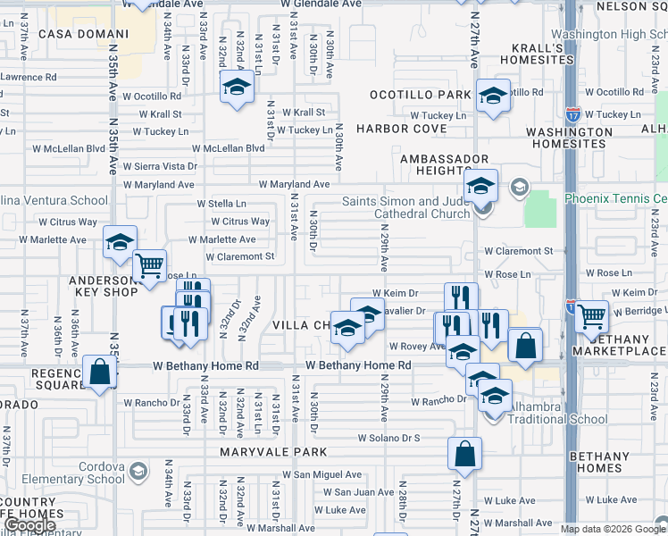 map of restaurants, bars, coffee shops, grocery stores, and more near 2933 West Claremont Street in Phoenix