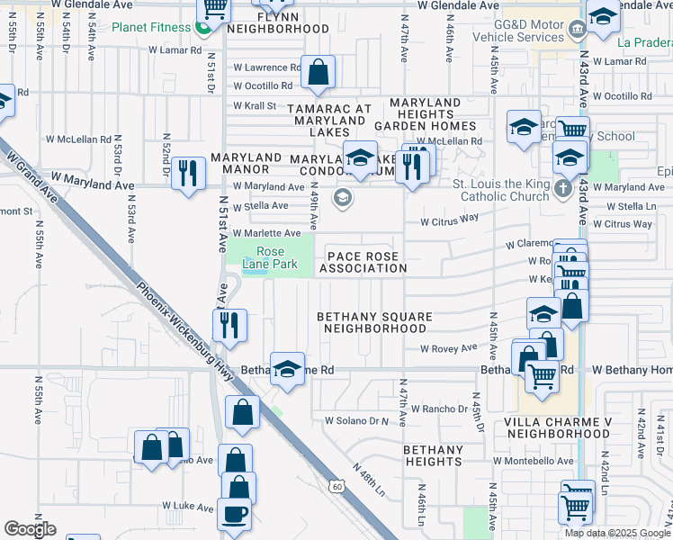 map of restaurants, bars, coffee shops, grocery stores, and more near 4880 West Rose Lane in Glendale