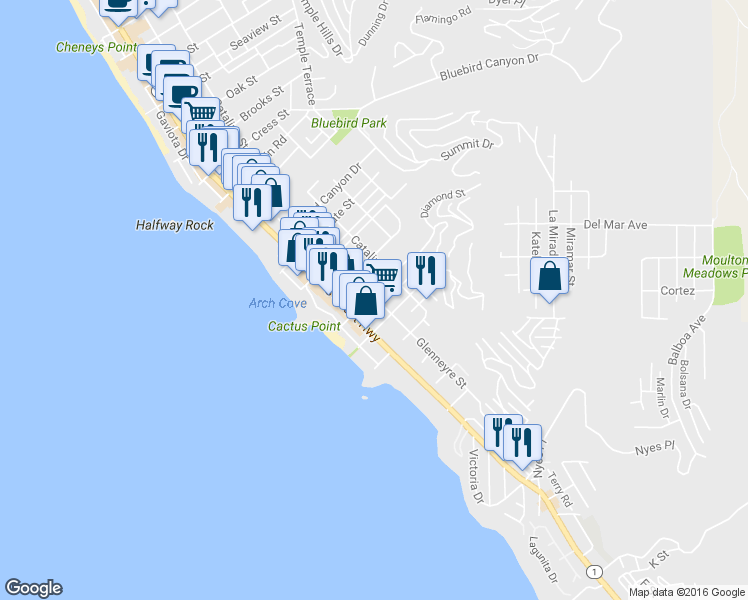 map of restaurants, bars, coffee shops, grocery stores, and more near 2072 Glenneyre Street in Laguna Beach