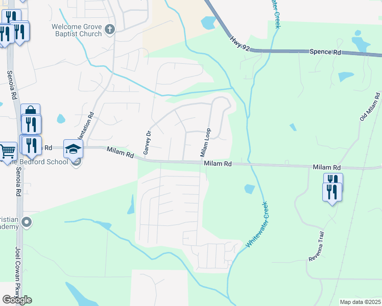 map of restaurants, bars, coffee shops, grocery stores, and more near 8350 Gledstone Way in Fairburn