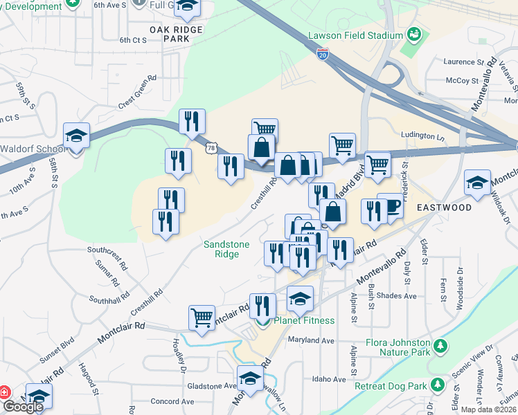 map of restaurants, bars, coffee shops, grocery stores, and more near 1631 Cresthill Road in Birmingham