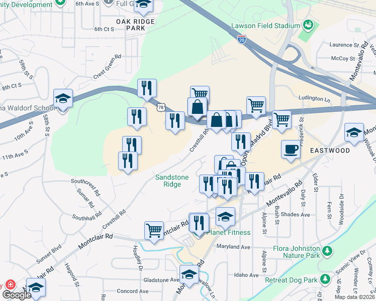 map of restaurants, bars, coffee shops, grocery stores, and more near 1616 Cresthill Road in Birmingham