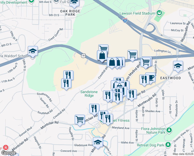 map of restaurants, bars, coffee shops, grocery stores, and more near 1616 Cresthill Road in Birmingham