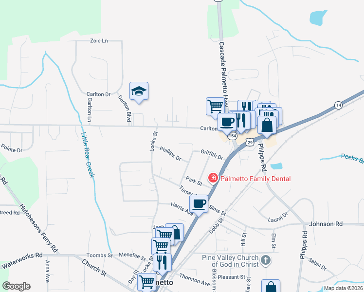 map of restaurants, bars, coffee shops, grocery stores, and more near 506 Past Street in Palmetto