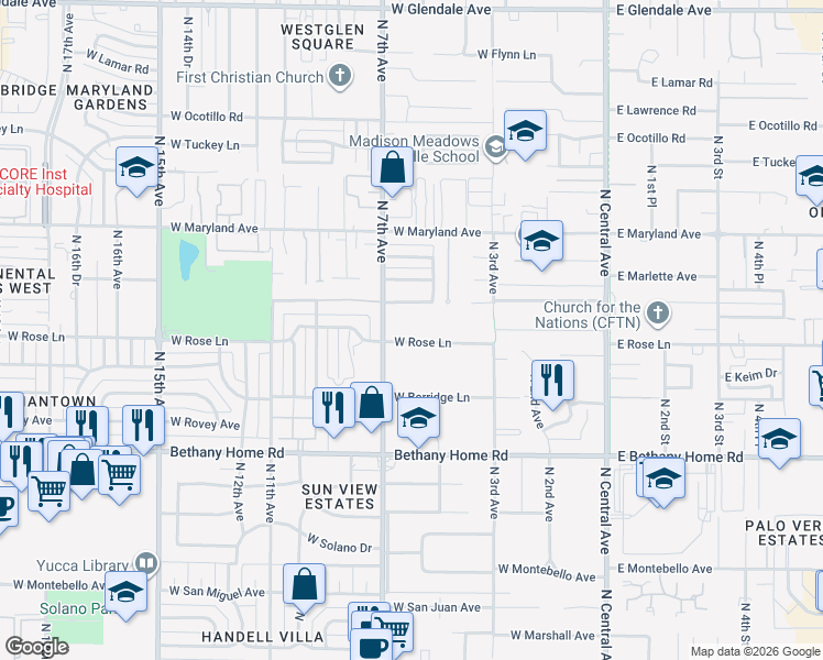 map of restaurants, bars, coffee shops, grocery stores, and more near 522 West Rose Lane in Phoenix