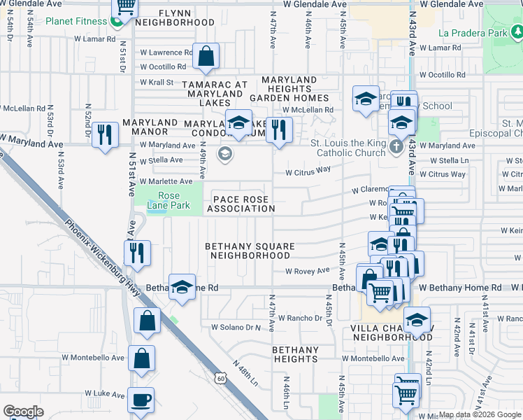 map of restaurants, bars, coffee shops, grocery stores, and more near 4720 West Rose Lane in Glendale