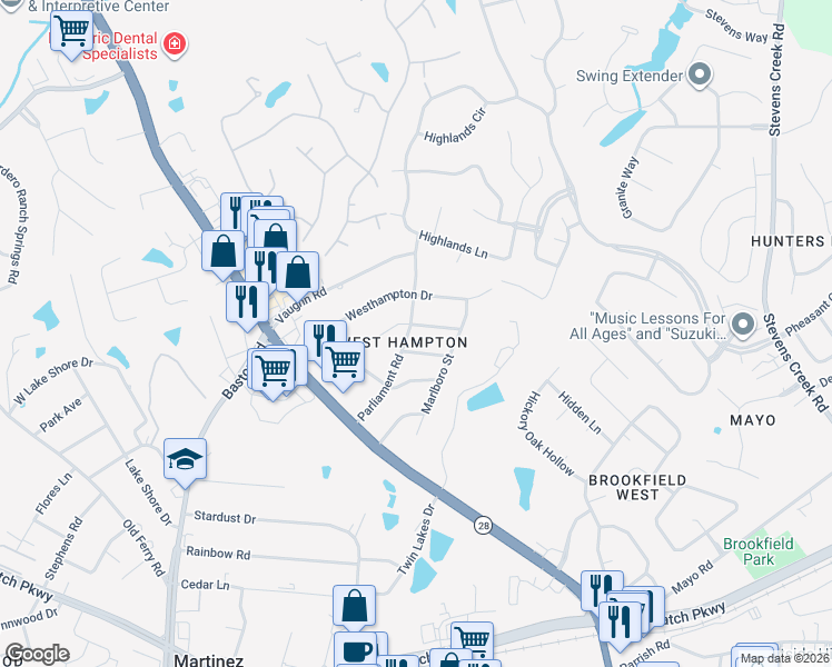 map of restaurants, bars, coffee shops, grocery stores, and more near 415 Parliament Road in Martinez
