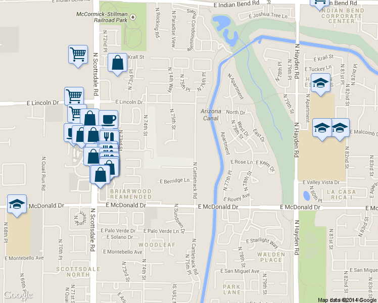 map of restaurants, bars, coffee shops, grocery stores, and more near 6226 North Cattletrack Road in Scottsdale