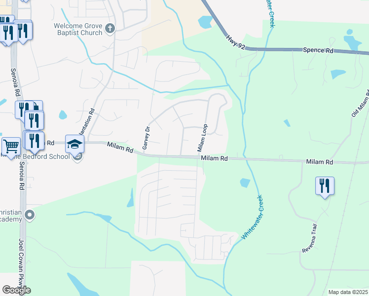 map of restaurants, bars, coffee shops, grocery stores, and more near 8350 Gledstone Way in Fairburn