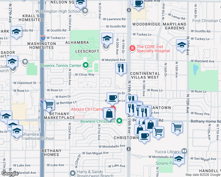 map of restaurants, bars, coffee shops, grocery stores, and more near 2023 West Claremont Street in Phoenix