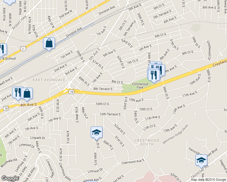 map of restaurants, bars, coffee shops, grocery stores, and more near 5025 8th Terrace South in Birmingham
