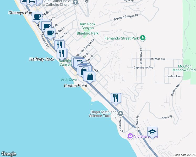map of restaurants, bars, coffee shops, grocery stores, and more near 2072 Glenneyre Street in Laguna Beach