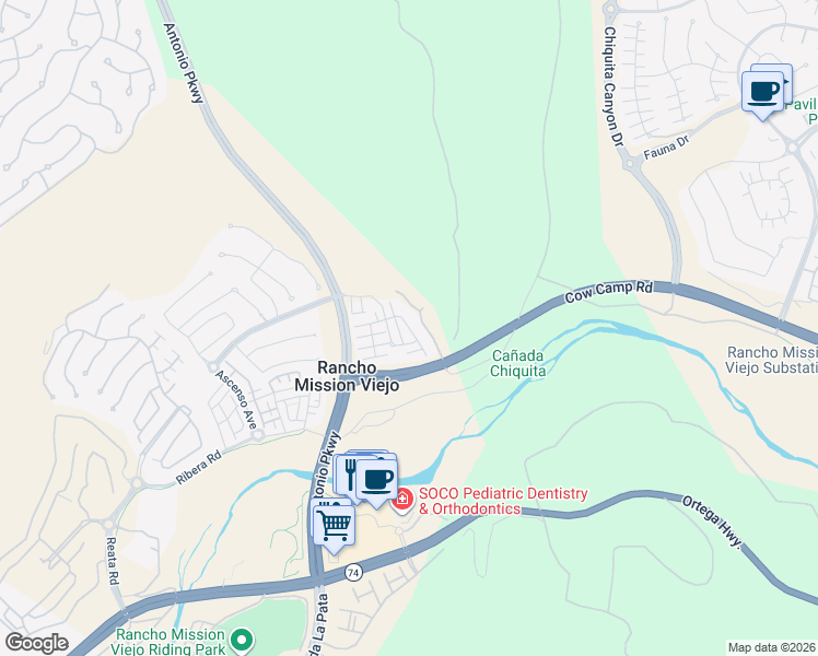 map of restaurants, bars, coffee shops, grocery stores, and more near 31 Adelfa Street in Mission Viejo