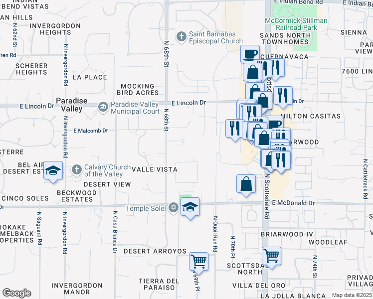 map of restaurants, bars, coffee shops, grocery stores, and more near 6845 East Solcito Lane in Paradise Valley